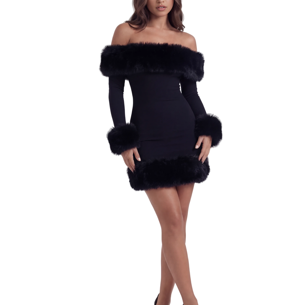 fur mini dress Women's Bardot Mini Dress with Faux Fur Trim and Full-Length Sleeves –  Clynaria