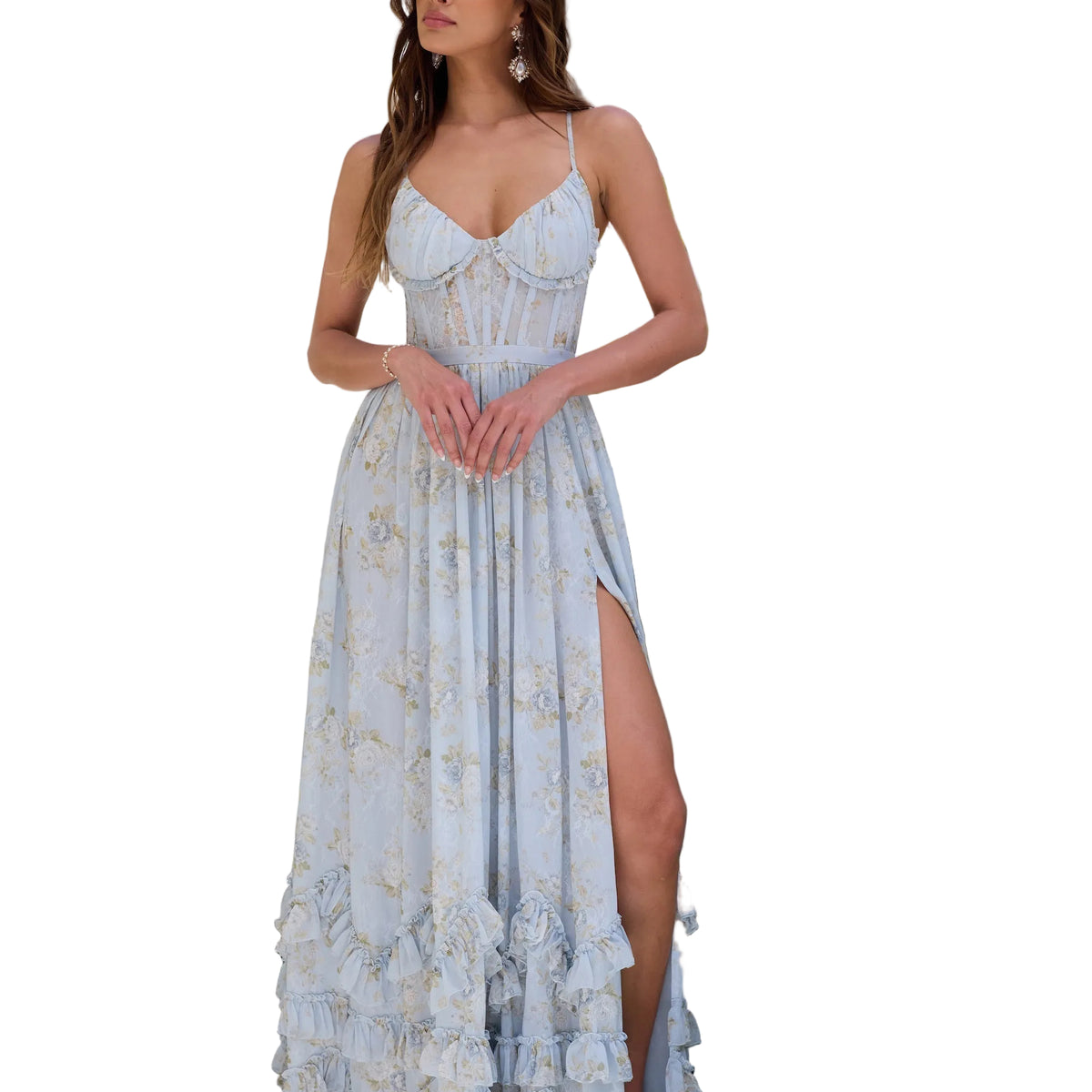 Women's Floral Sweetheart Neckline Maxi Dress with Corset Bodice and S