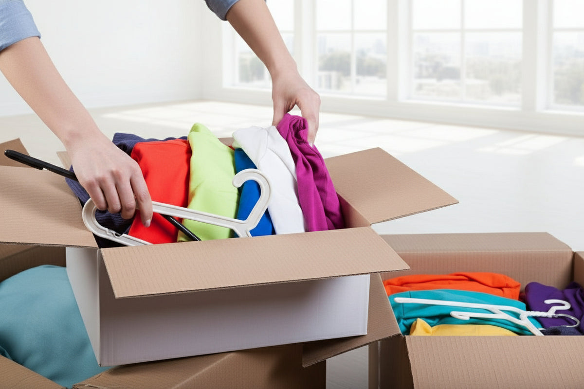 Person packing colorful clothes into a cardboard box