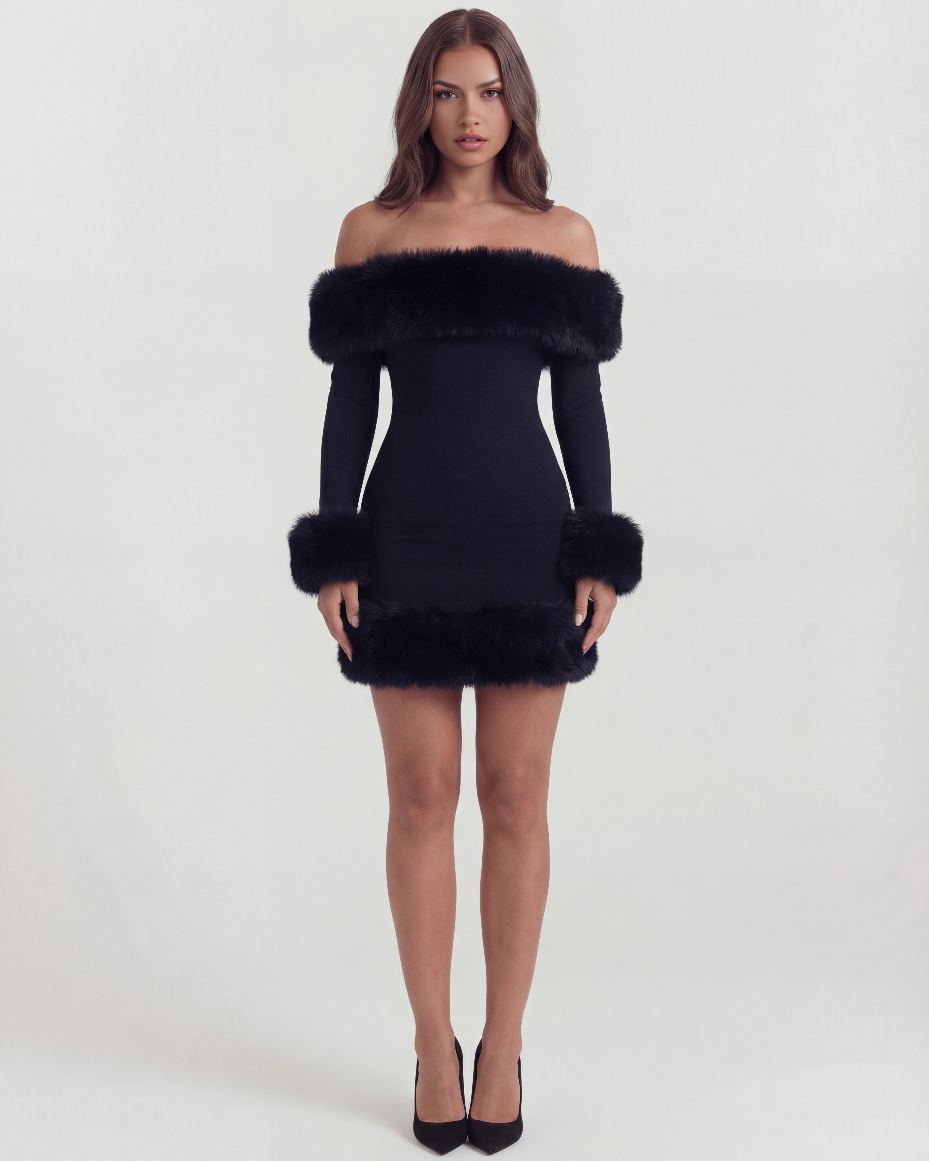 Women's Bardot Mini Dress with Faux Fur Trim and Full-Length Sleeves –  Clynaria