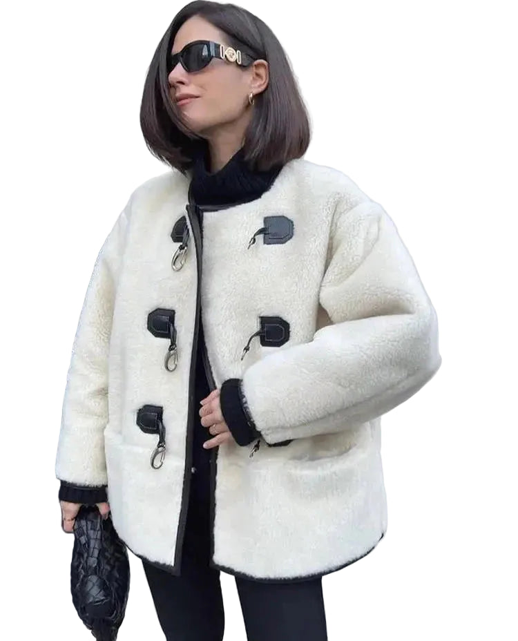 Women's Toggle Button Jacket with Round Neckline and Front Pockets ...